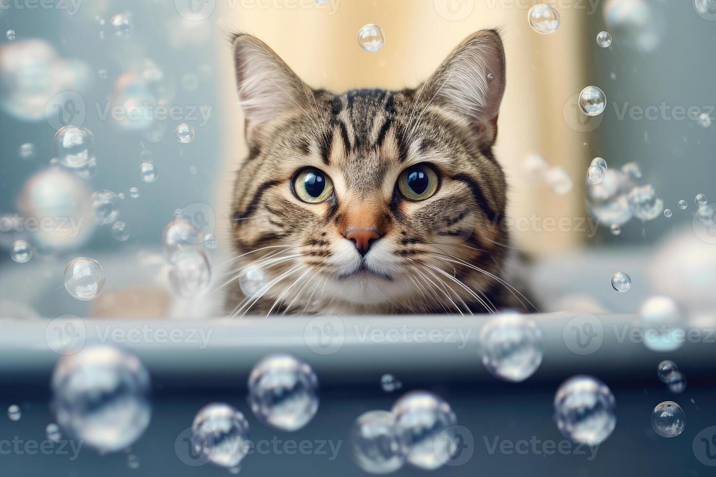 The cat is bathing in the bathroom. technology. photo