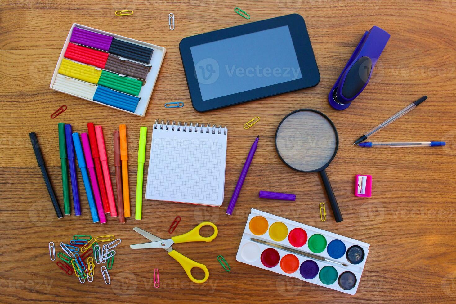Stationery objects. School and office supplies. back to school photo