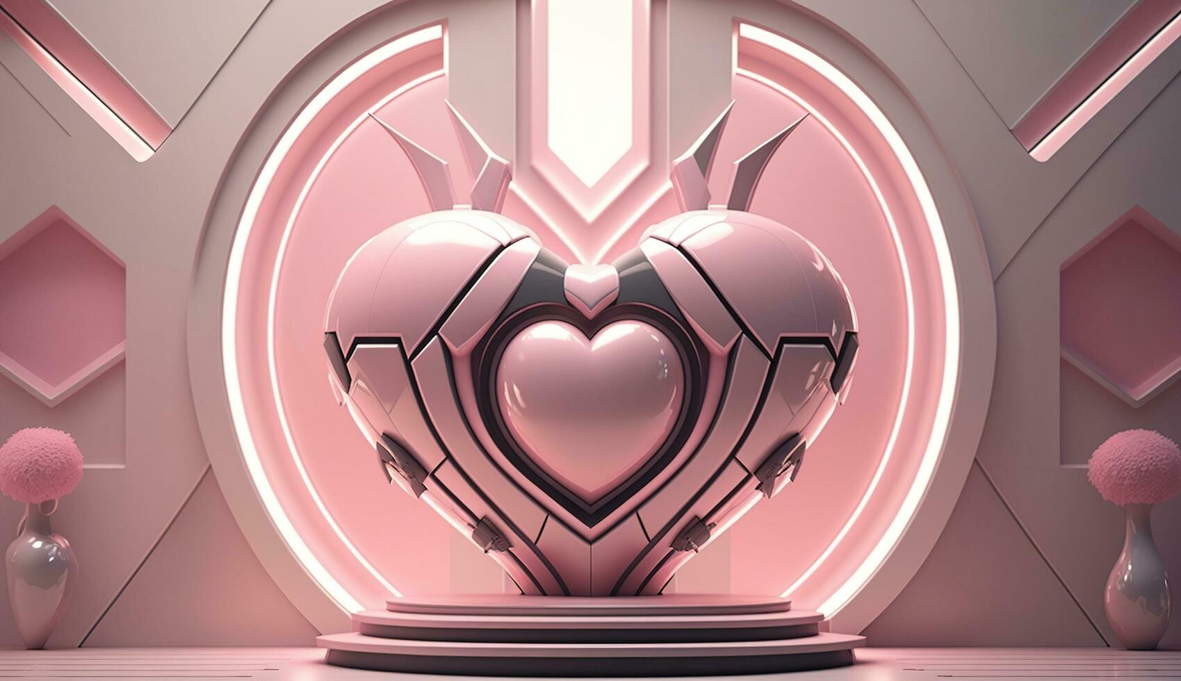 Generative AI, Futuristic space ship room with pink heart in cyberpunk style illustration. Love, feelings, romantic St. Valentine's Day concept. Sci-fi, realistic 3d effect. photo