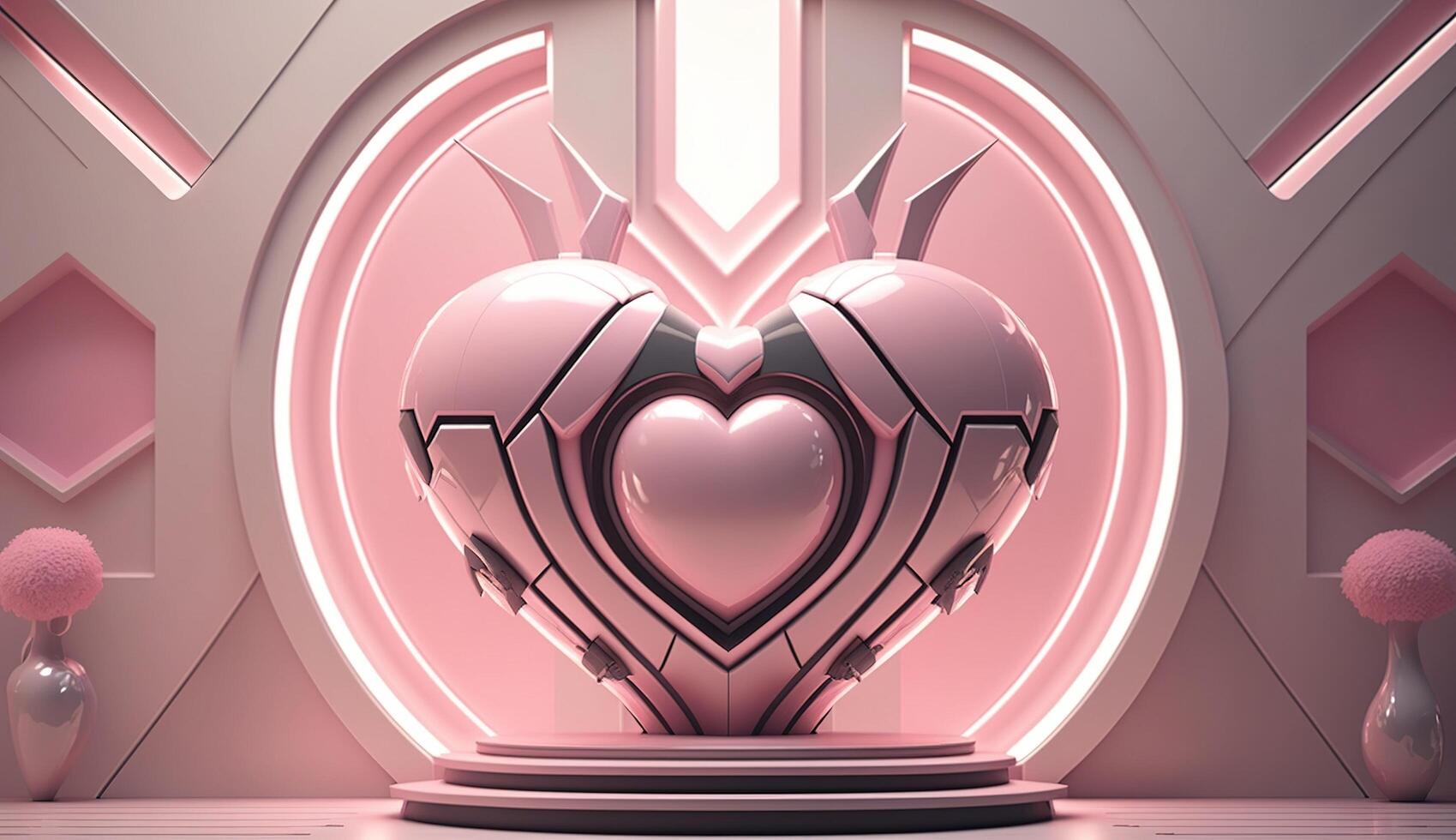 , Futuristic space ship room with pink heart in cyberpunk style illustration. Love, feelings, romantic St. Valentine's Day concept. Sci-fi, realistic 3d effect. photo