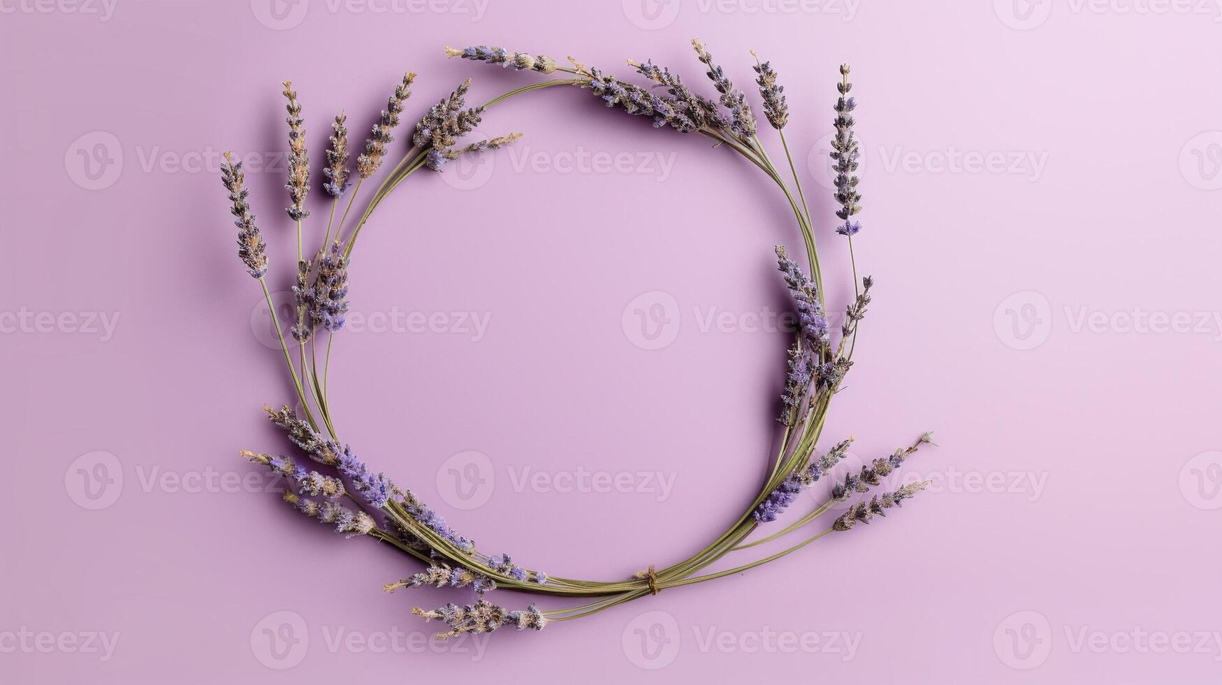 Generative AI, wreath of lavender branches flowers with copy space, natural organic floral frame violet background photo