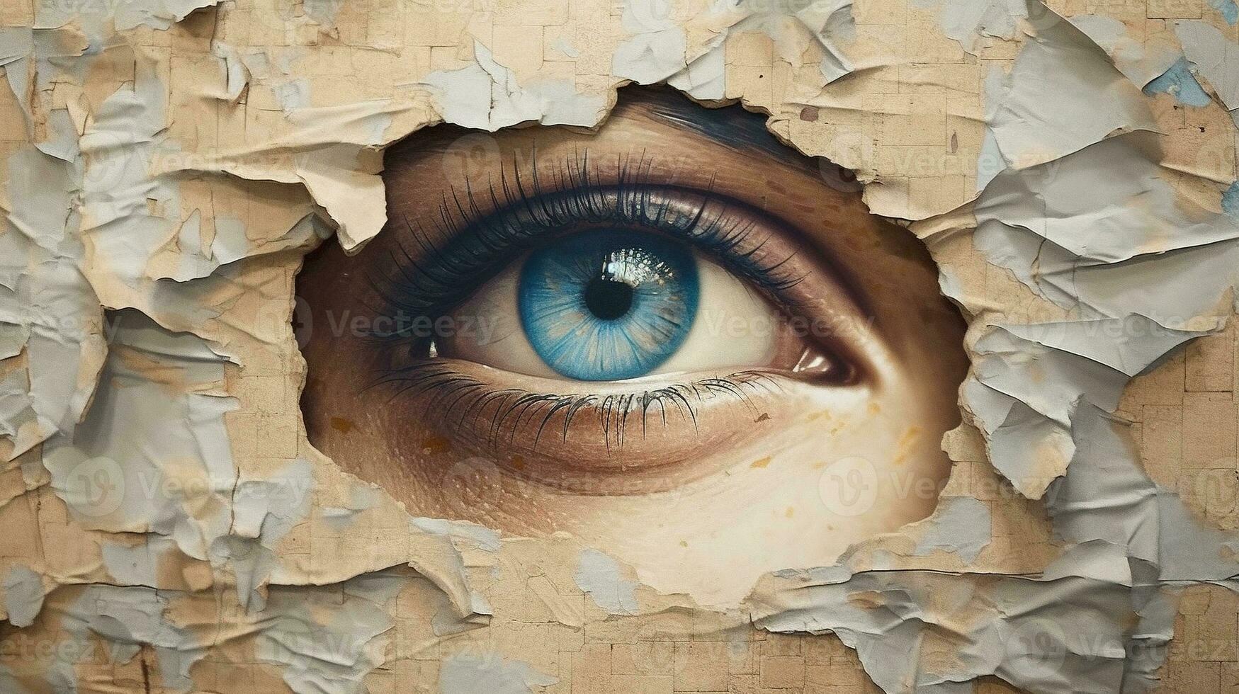 Generative AI, Woman eye looking through a torn hole in vintage paper, blue and beige colors mural. Painted hyperrealistic female art. photo
