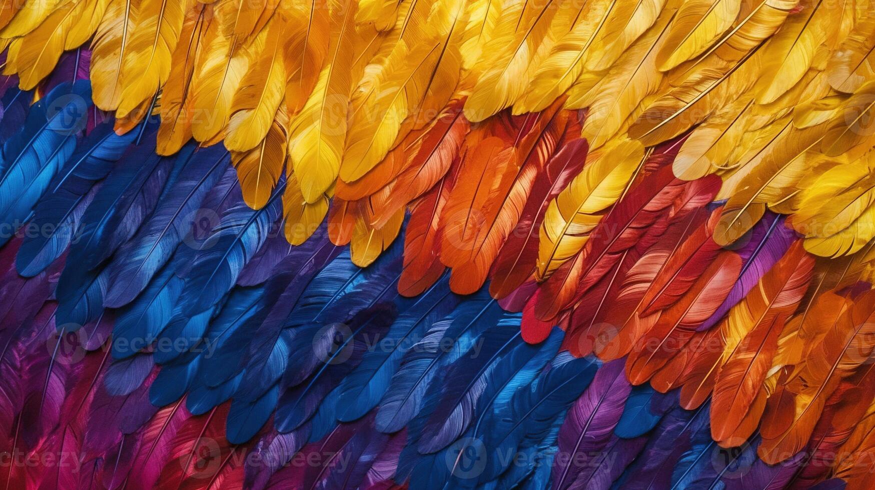 Generative AI, Beautiful rainbow colorful closeup feathers, photorealistic background, top view, aerial view. Small fluffy, inspired by Andreas Gursky and Andy Goldsworthy photo