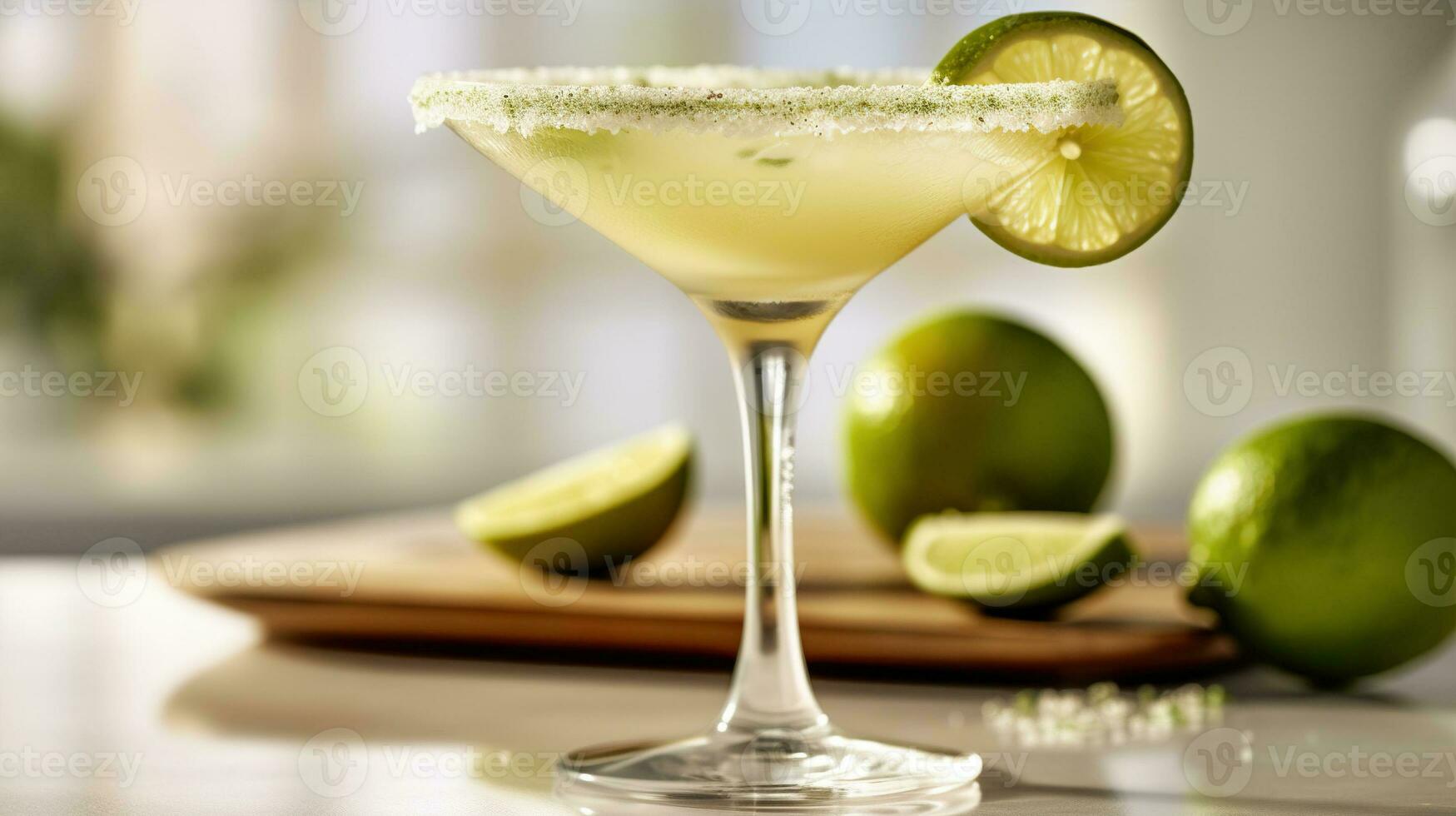 Generative AI, margarita cocktail on the table in the white kitchen with lime. Alcoholic drink photo