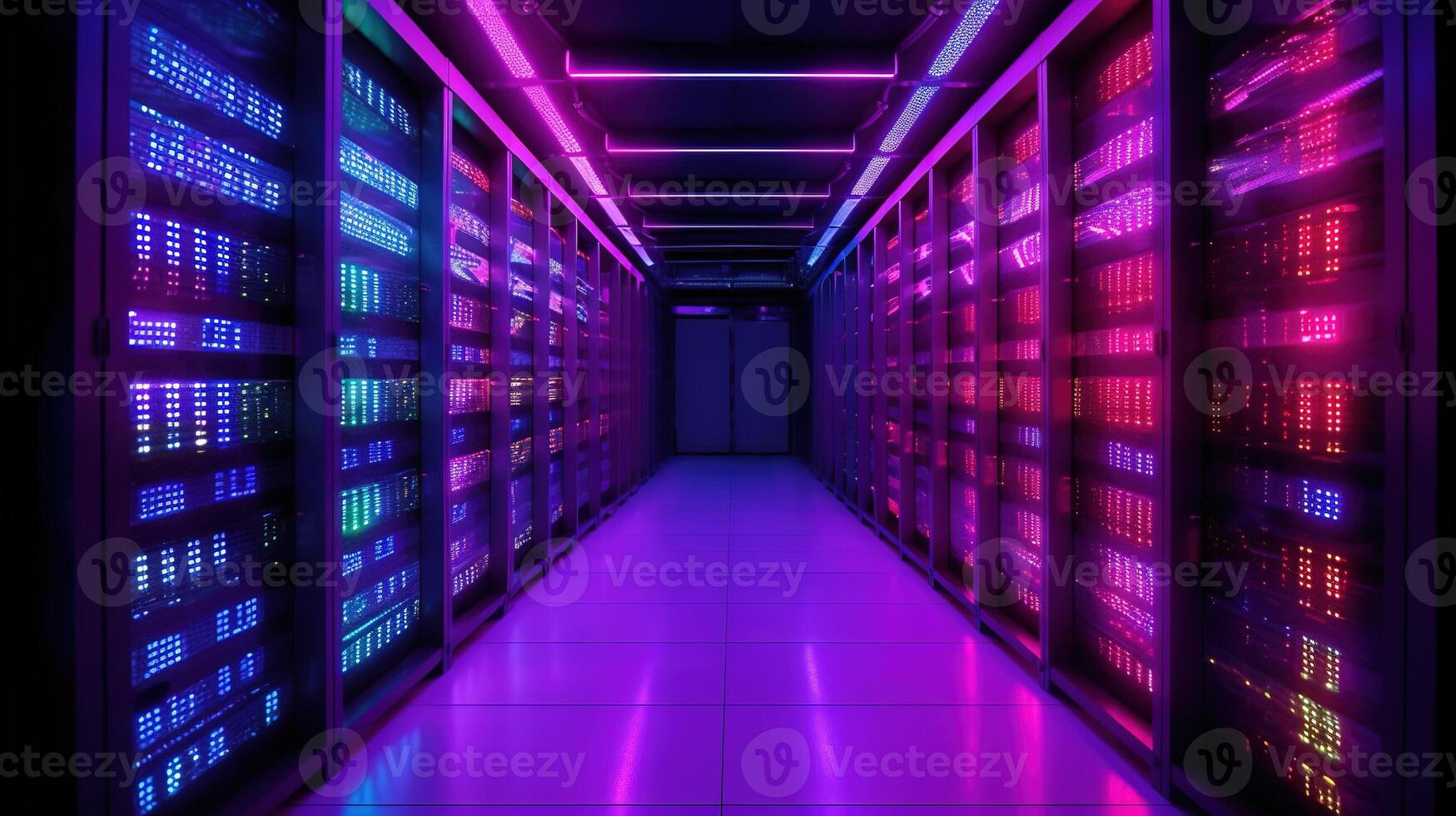 Generative AI, Data Center, modern high technology server room in purple neon colors. Modern telecommunications, cloud computing, artificial intelligence, database. photo