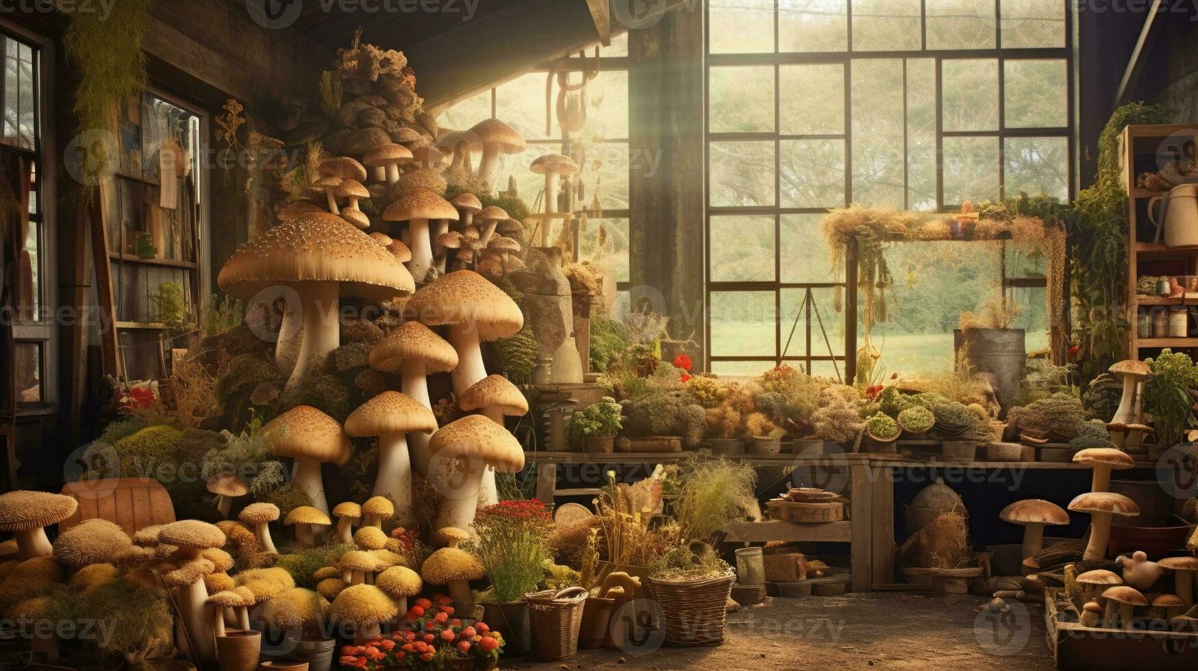 Generative AI, room full of many different mushrooms with window photo