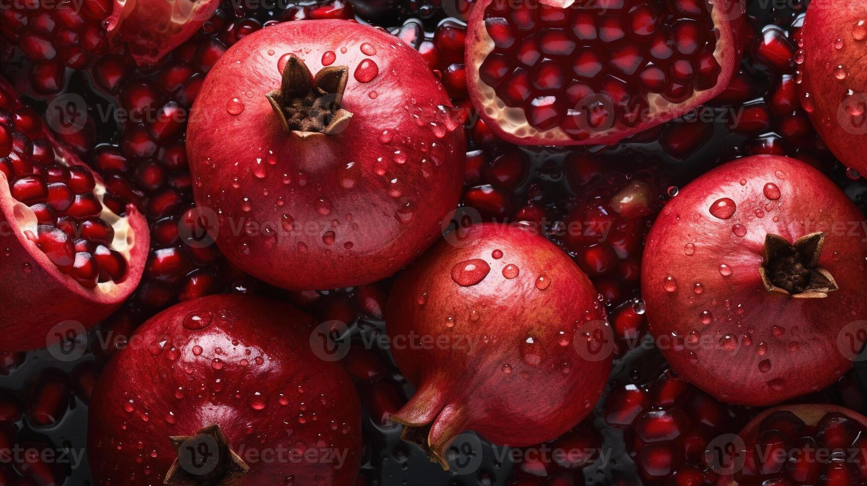 , Macro Fresh Juicy half and whole of pomegranate fruit background as pattern. Closeup photo with drops of water
