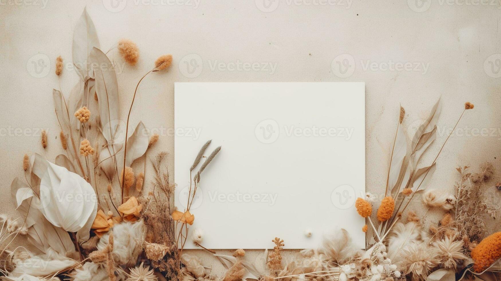 Generative AI, Bohemian white blank sheet paper surrounded by natural dried leaves and plants, poster mock up photo