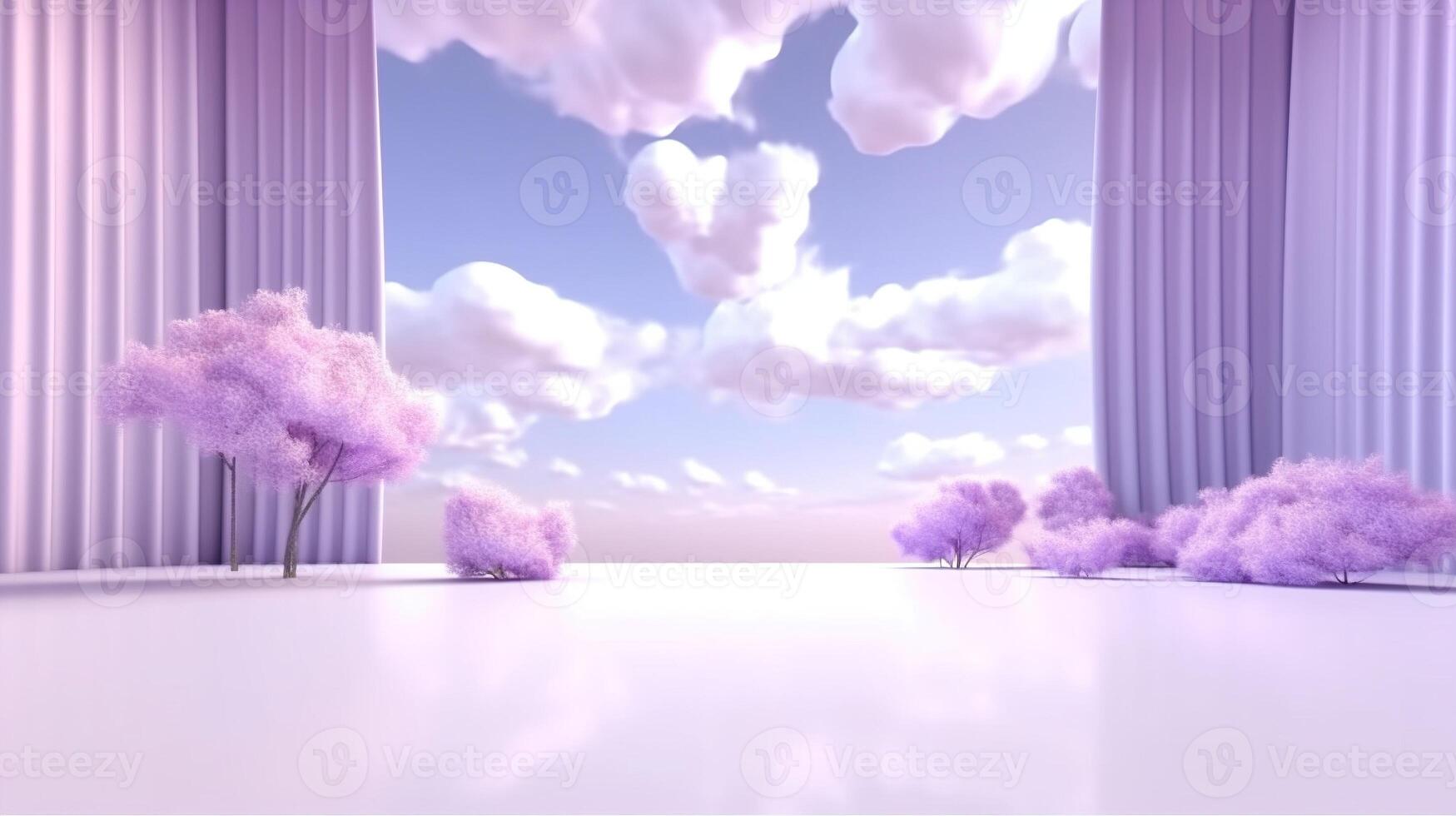 Generative AI, Purple, digital lavender color fantastic 3d clouds on the floor, sky and landscape. Gentle colors and with bright lights. photo