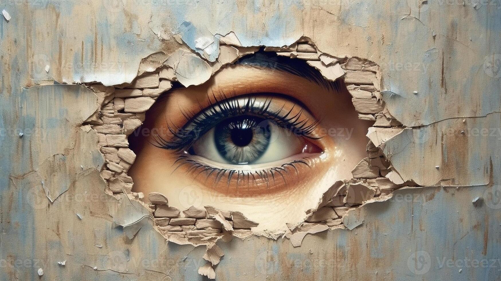 Generative AI, Woman eye looking through a torn hole in vintage paper, blue and beige colors mural. Painted hyperrealistic female art. photo