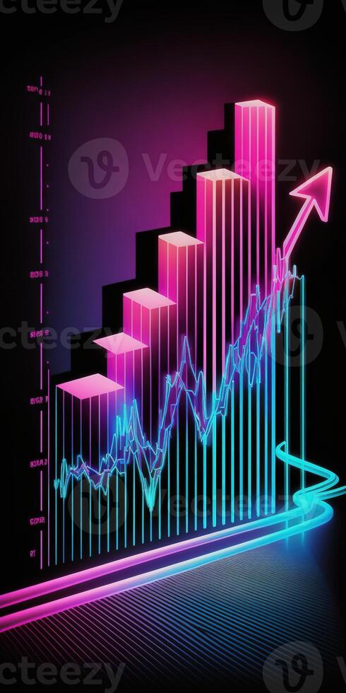 Generative AI, stock market chart lines, financial graph on technology in blue and pink neon colors, financial meltdown. Technology concept, trading market concept. photo