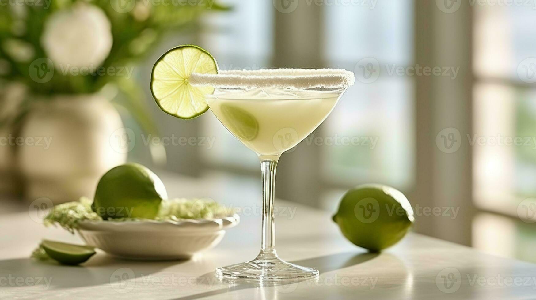 Generative AI, margarita cocktail on the table in the white kitchen with lime. Alcoholic drink photo