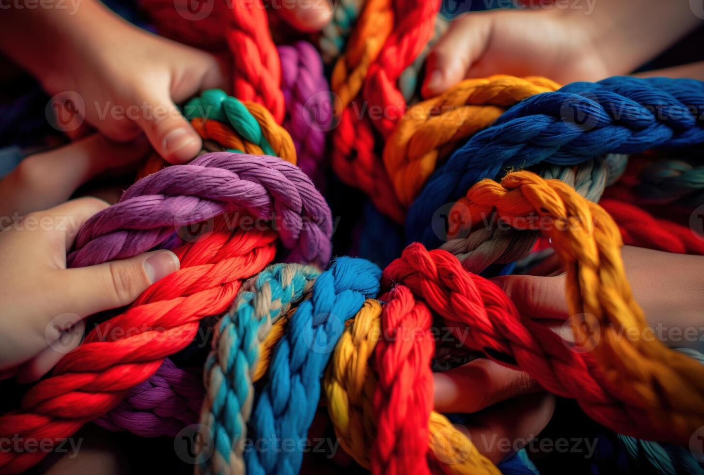 , peoples hands working together to untangle a knotted rope. Business teamwork. photo