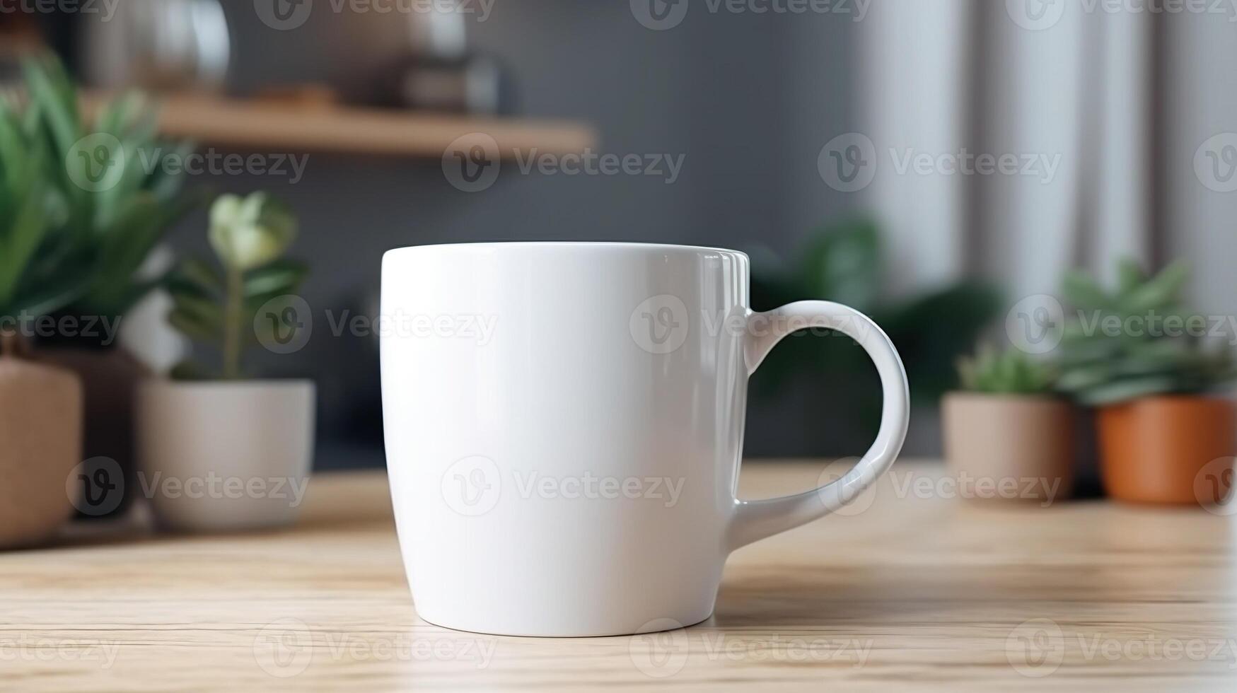 Generative AI, White ceramic cup set-up in at home interior, mug mock up blank. photo