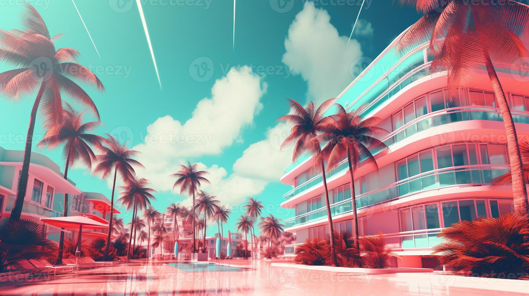 , Miami Summer Vibes retro illustration. Vintage pink and blue colors, buildings, California palms, 80s style photo
