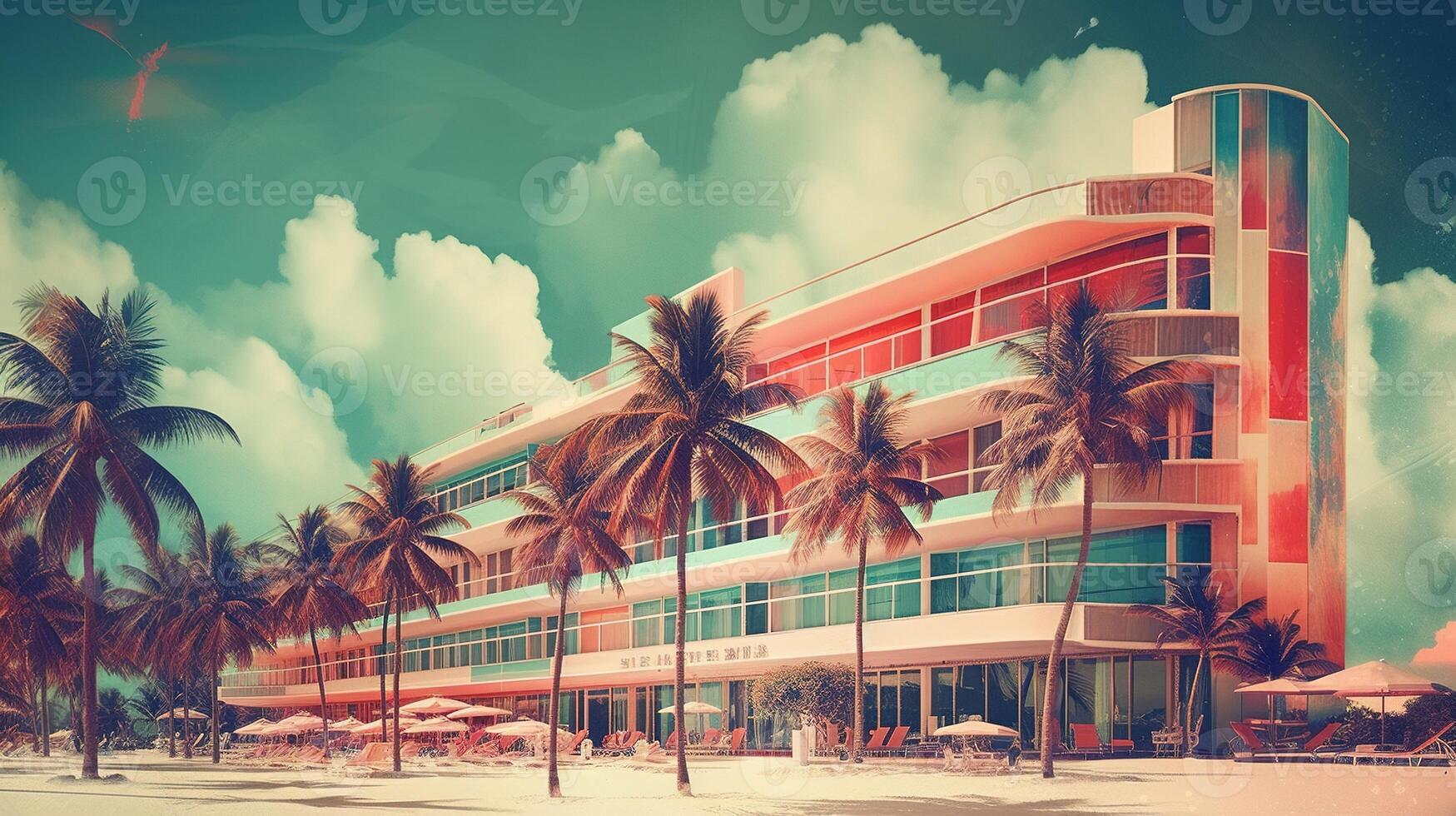, Miami Summer Vibes retro illustration. Vintage pink and blue colors, buildings, California palms, 80s style photo