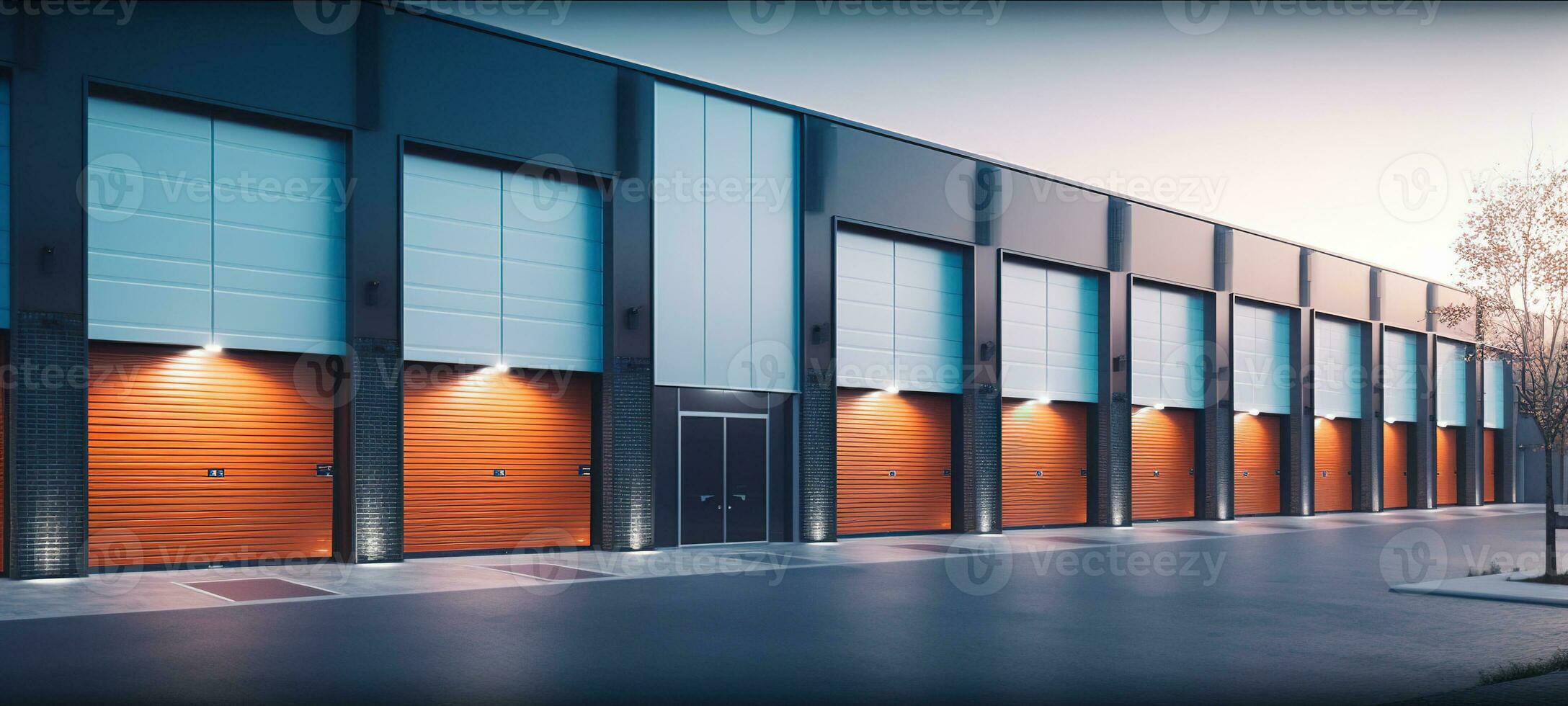 Generative AI, Mini colorful metal self storage facilities rental units, warehouse exterior, industry garage building. photo