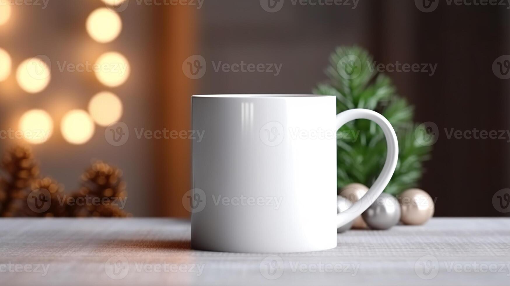 Generative AI, White ceramic cup set-up in at home interior, mug mock up blank.. photo