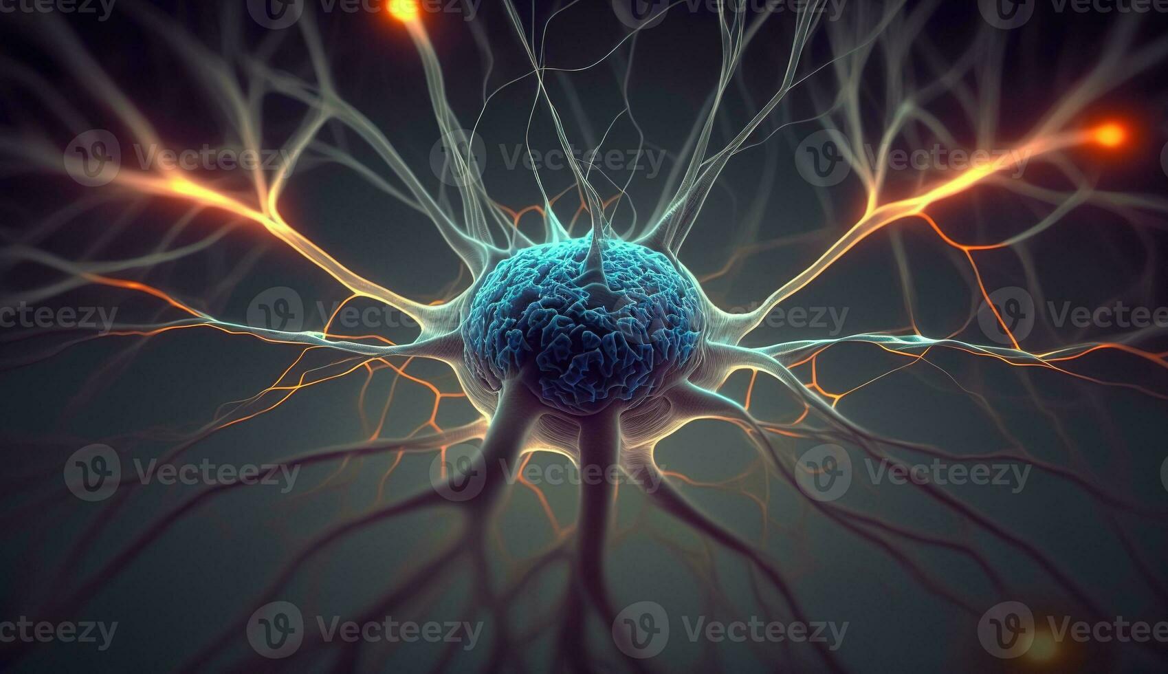 generativo ai, conceptual ilustración de neurona células con brillante enlace nudos en resumen oscuro espacio, alto resolución. humano nervioso sistema, neural red foto