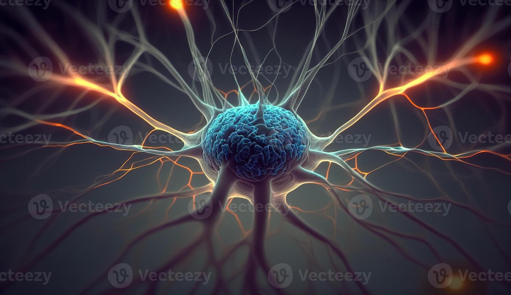 , Conceptual illustration of neuron cells with glowing link knots in abstract dark space, high resolution. Human nervous system, neural network photo