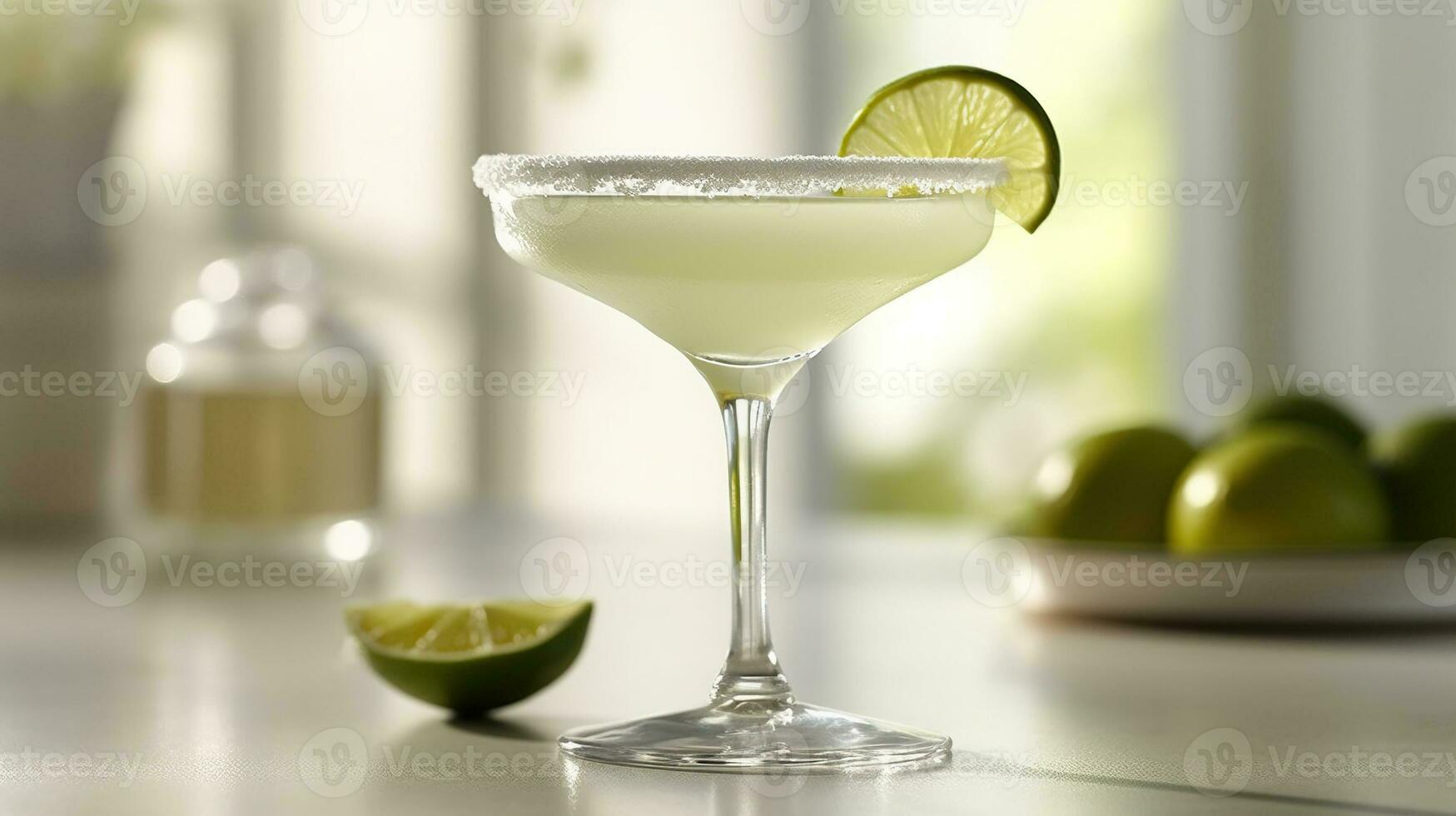 Generative AI, margarita cocktail on the table in the white kitchen with lime. Alcoholic drink photo