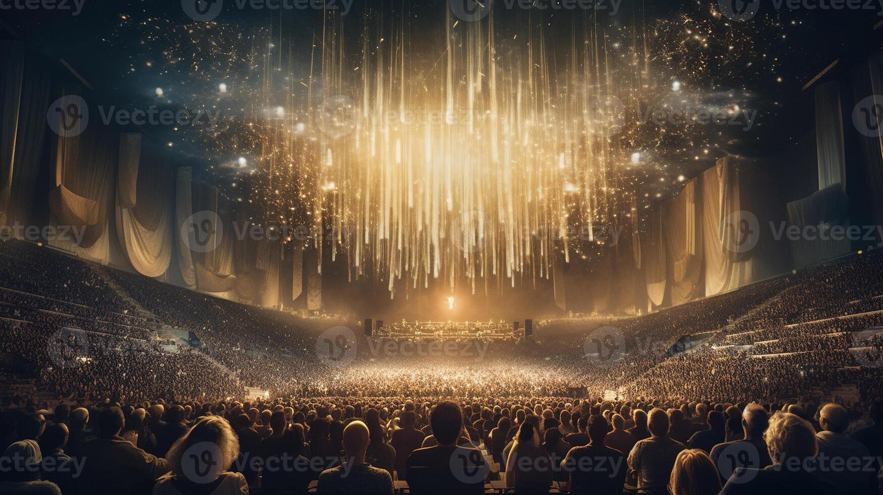 , People crowd on music rock festival concert in stadium, big stage lit by spotlights. photo
