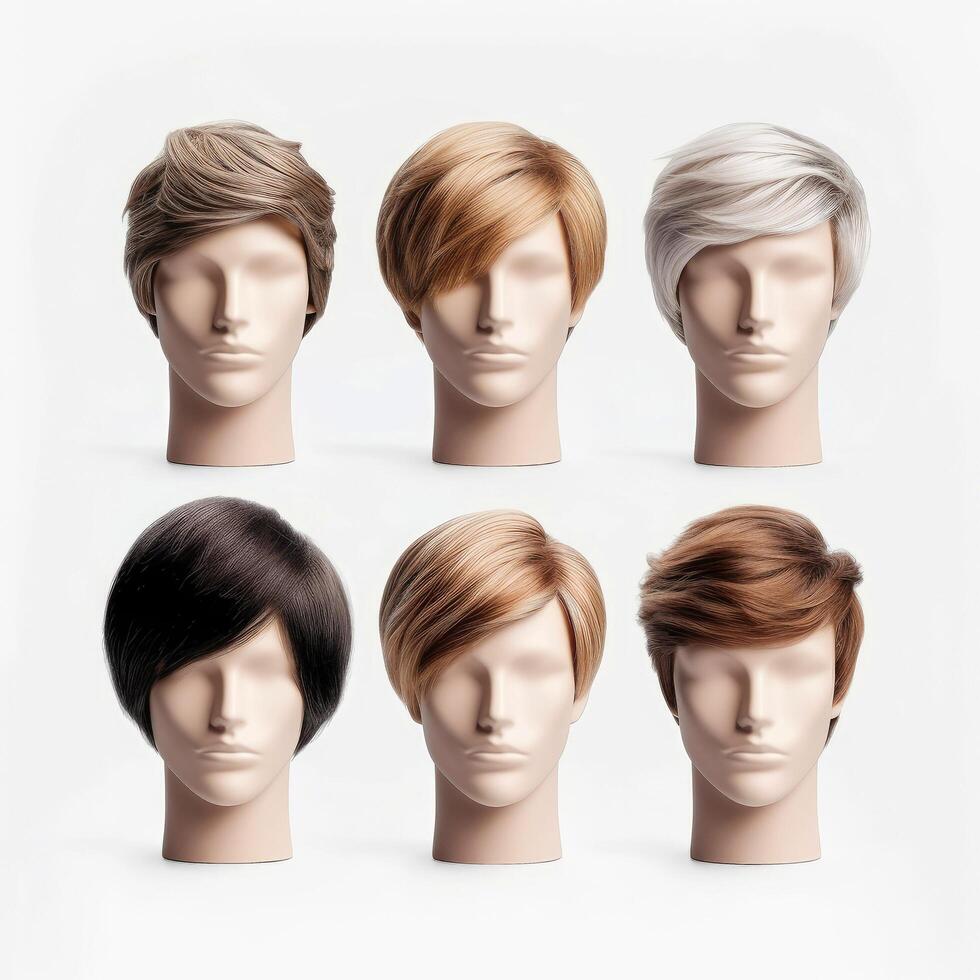 Hair wig over the plastic mannequin head isolated over the white background, mockup featuring contemporary men's hairstyles, illustration photo