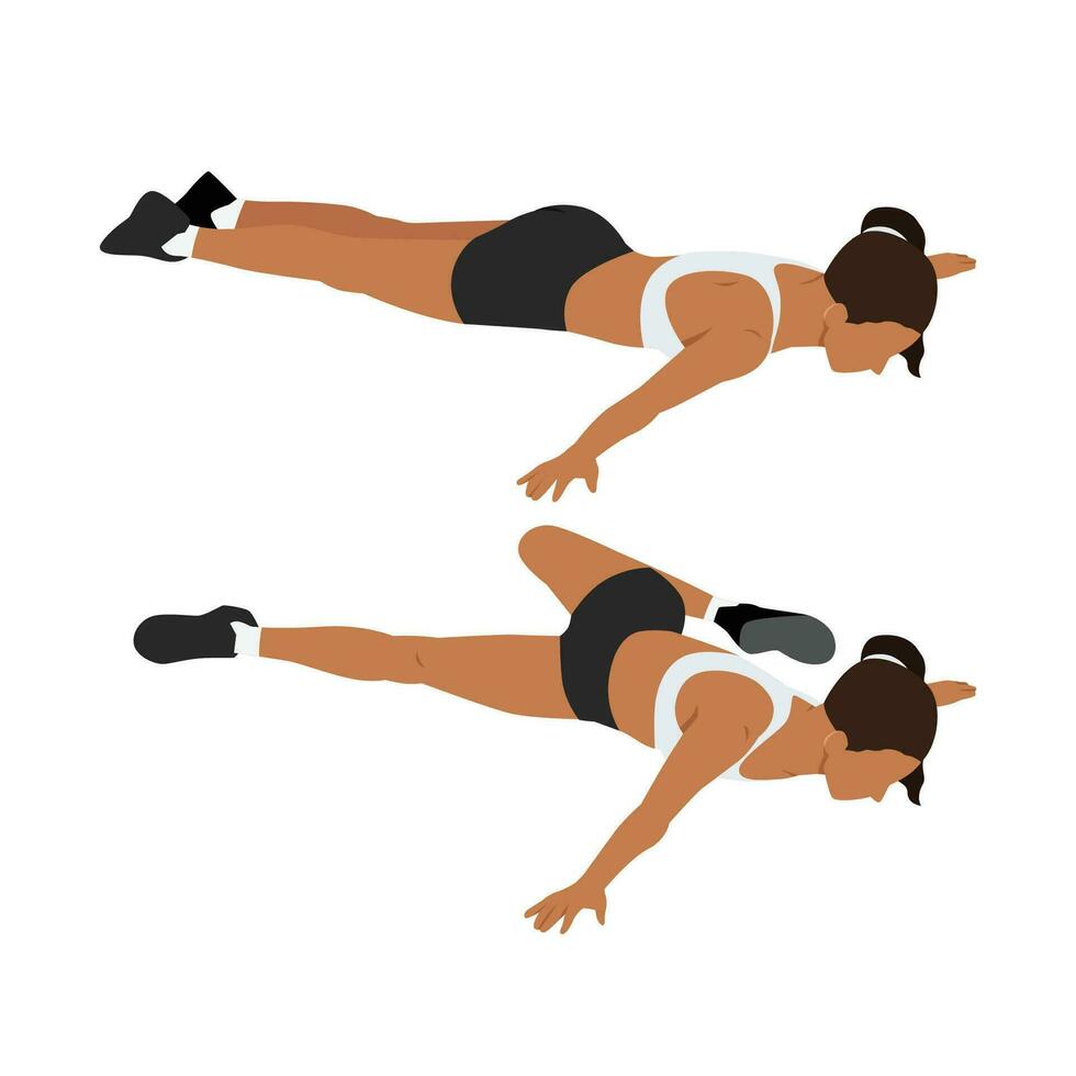 Woman doing scorpion stretch. Flat vector