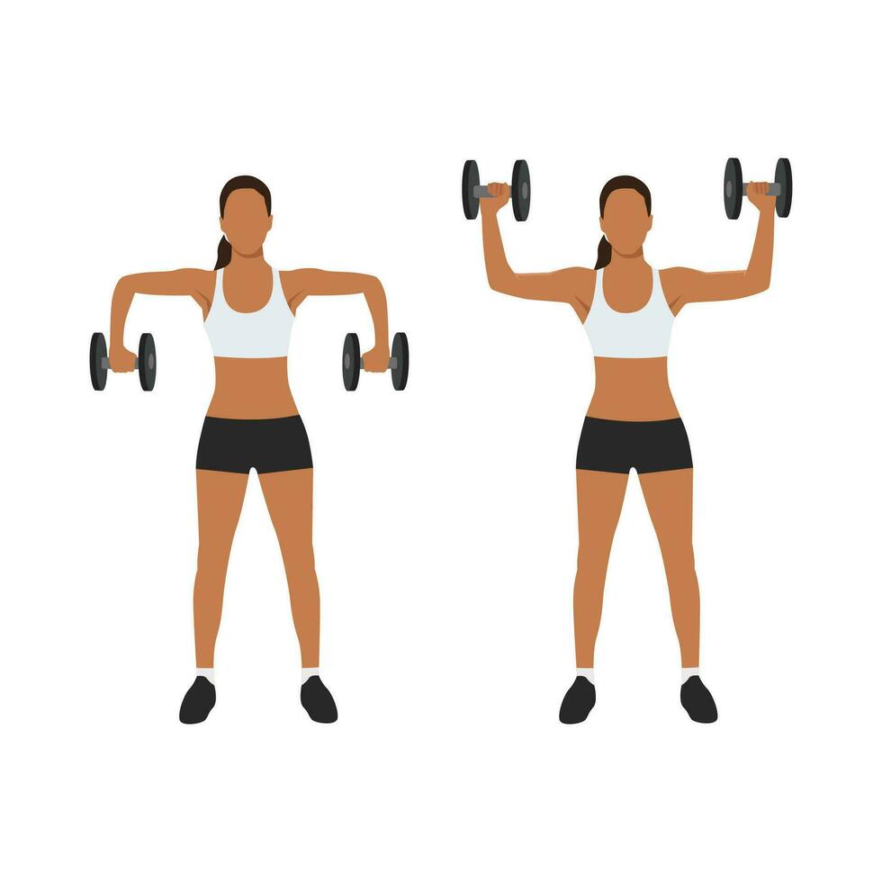 Woman scarecrow arms elbow shoulder rotations with dumbbell. vector