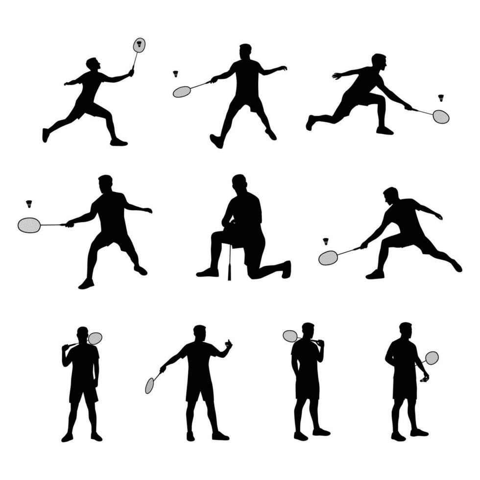 joven deporte hombre atleta son jugando bádminton dibujos animados conjunto aislado en blanco vector