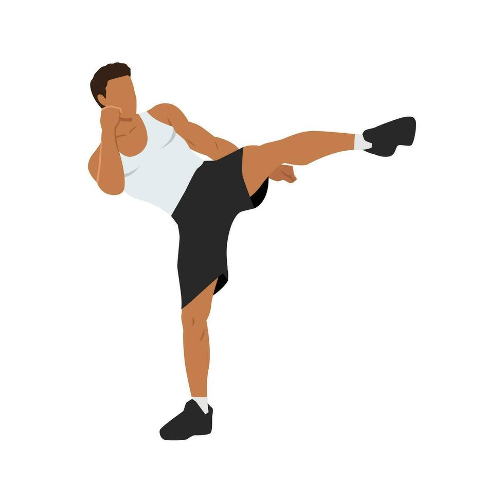 Man doing Roundhouse side kicks. Side kick. Sport exersice. Woman doing exercise. vector