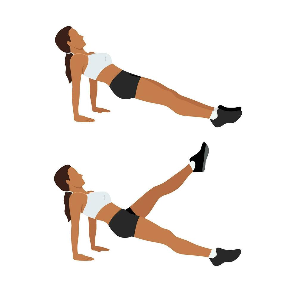 mujer haciendo marcha atrás tablón con pierna aumento formar en 2 pasos para ejercicio guía. ilustración acerca de rutina de ejercicio a objetivo a espalda, piernas, y abdominal músculos. vector