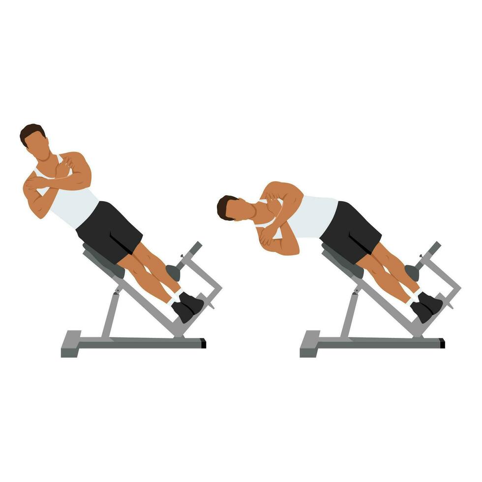Man doing roman chair side bend or hyperextension bench side bends exercise. vector