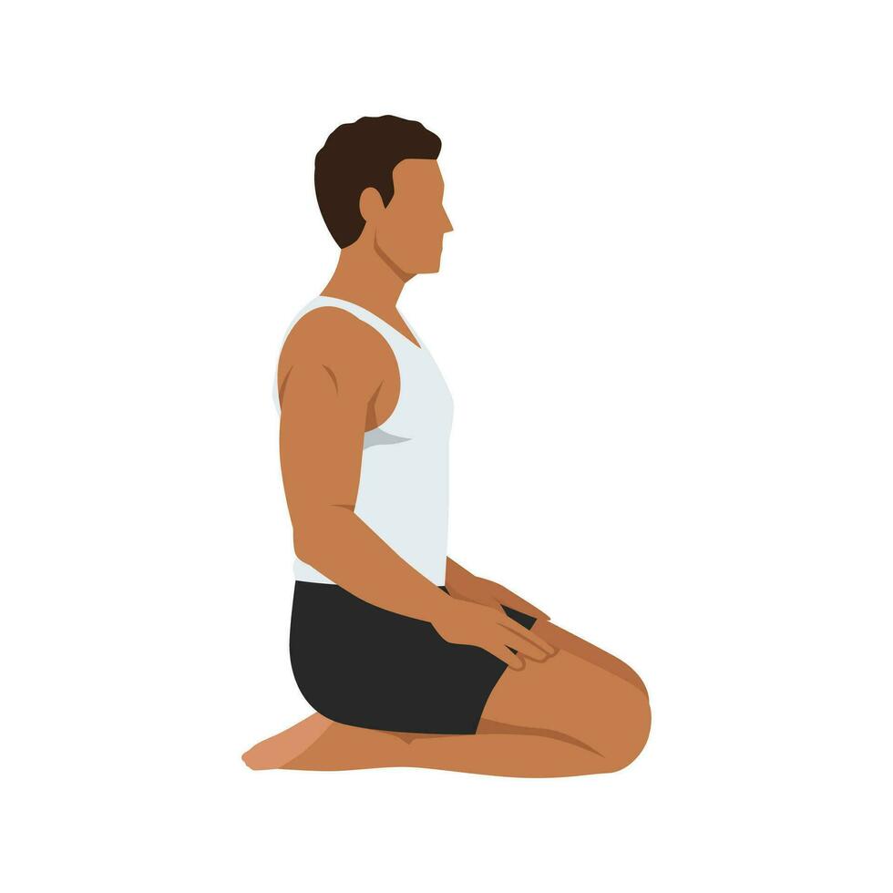 Man doing Thunderbolt Pose, Adamantine Pose, Diamond Pose. Practice Vajrasana. vector