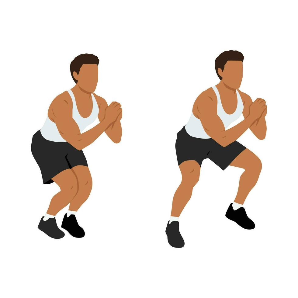 Man doing squat jacks or side sumo walks exercise. vector