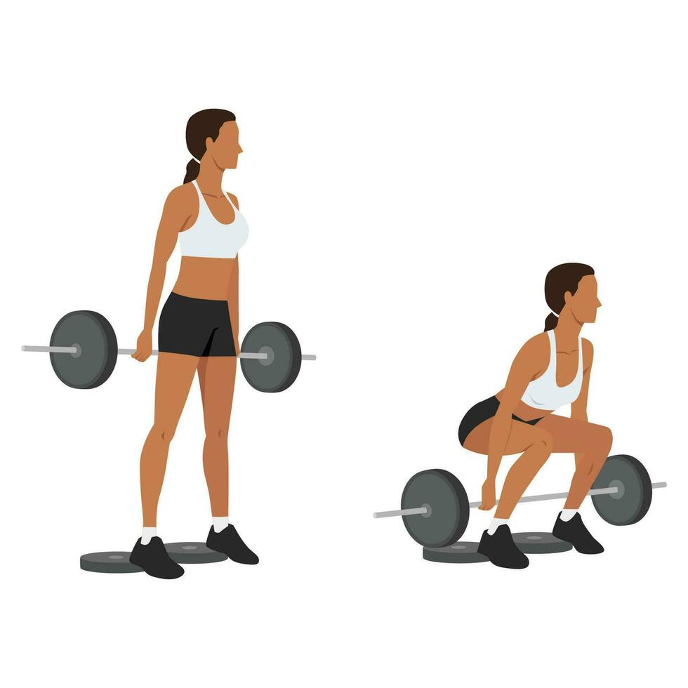 Woman doing barbell hack squat with stepping on the weight plate vector