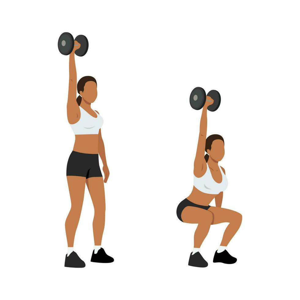 Woman doing single or one arm overhead dumbbell squats exercise. vector