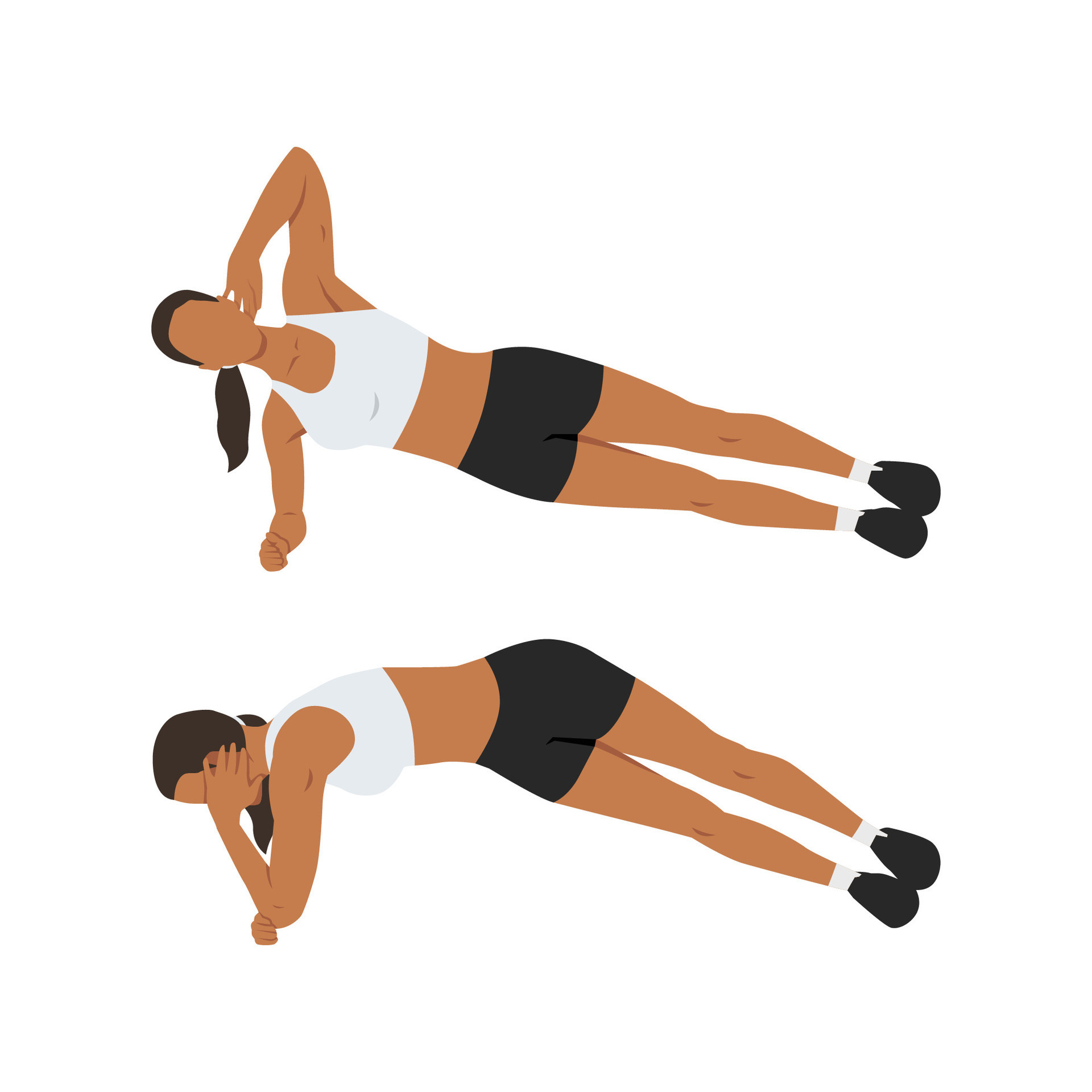 Woman doing side plank rotations or elbow twists exercise