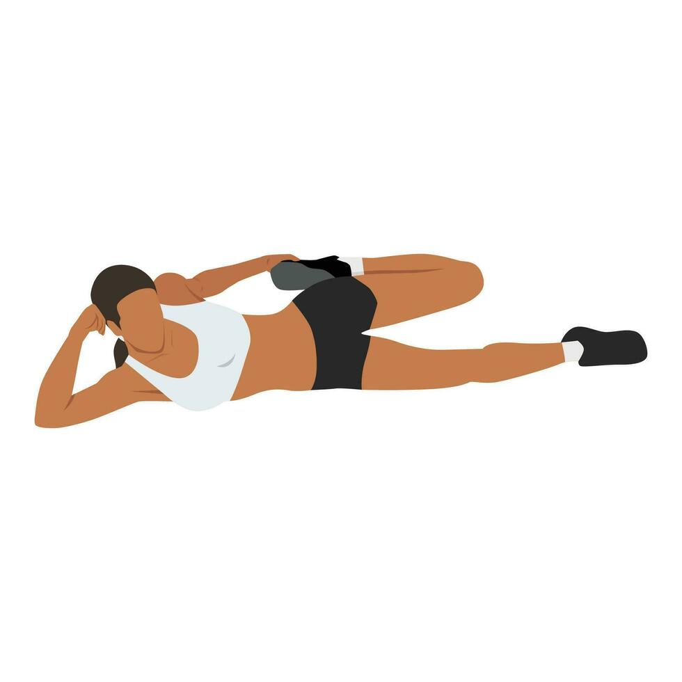 Woman doing side lying quad stretch exercise. Flat vector illustration isolated on white background