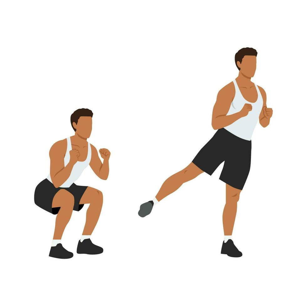 Man doing squats to side leg raises or leg lifts exercise. vector