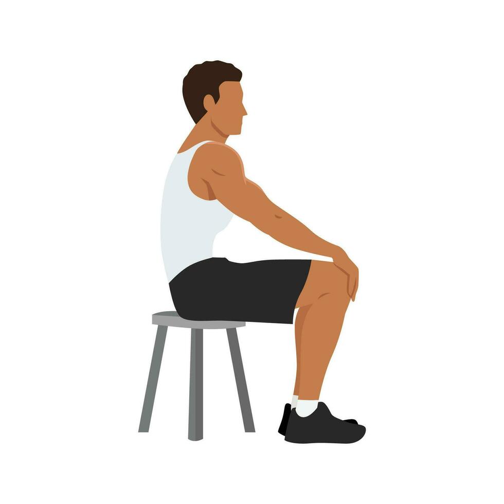 Man doing Seated in self. Athlete do lotus position. Full lotus. Sitting pose. Asana in yoga. Breath holding. Sunken abdomen. vector