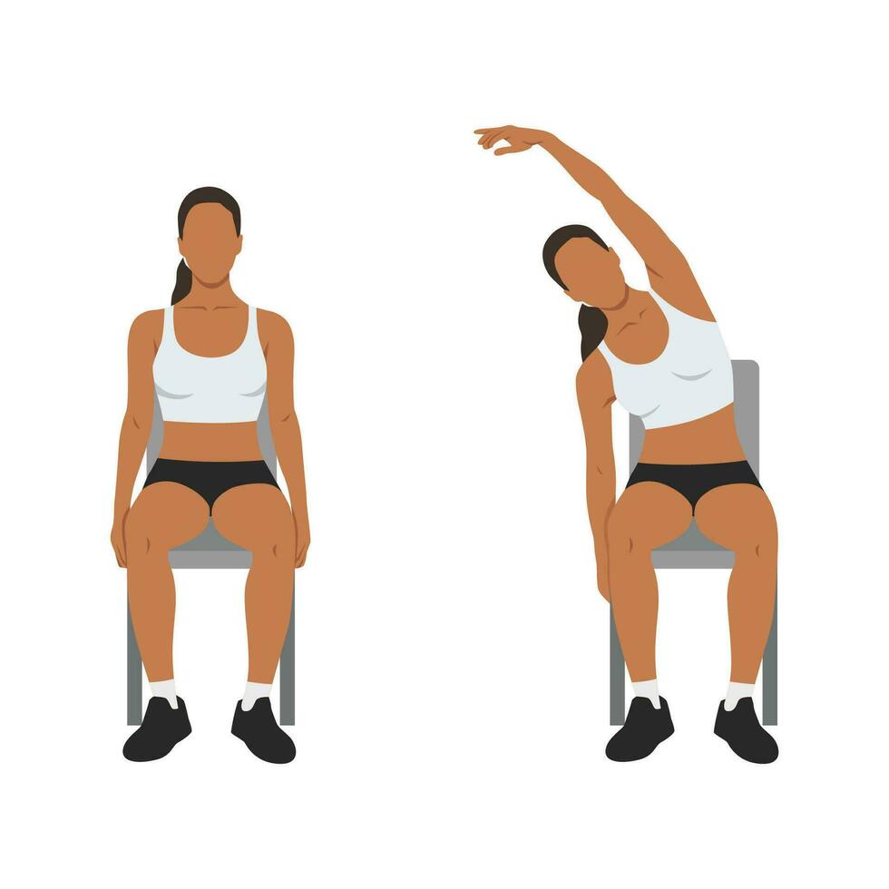 Woman doing seated side bends or lat stretch exercise. vector