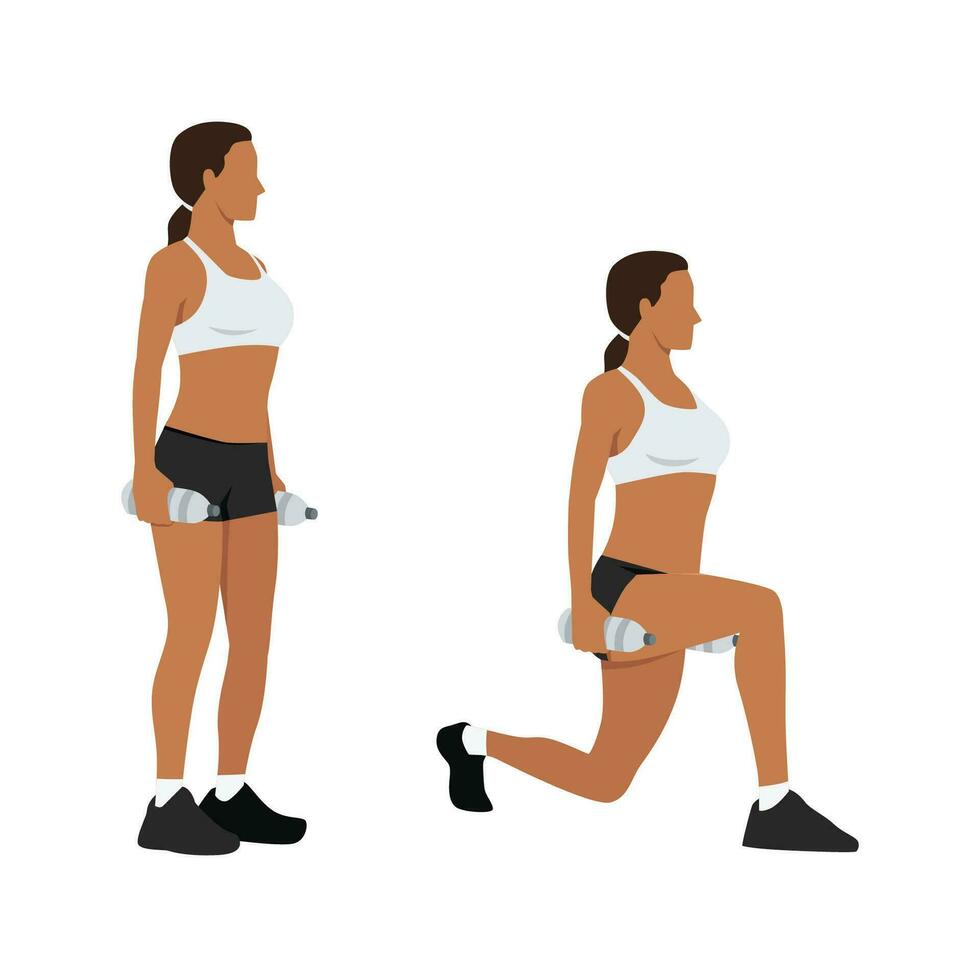 Woman doing exercise in Reverse Lunge pose with a water bottle. vector