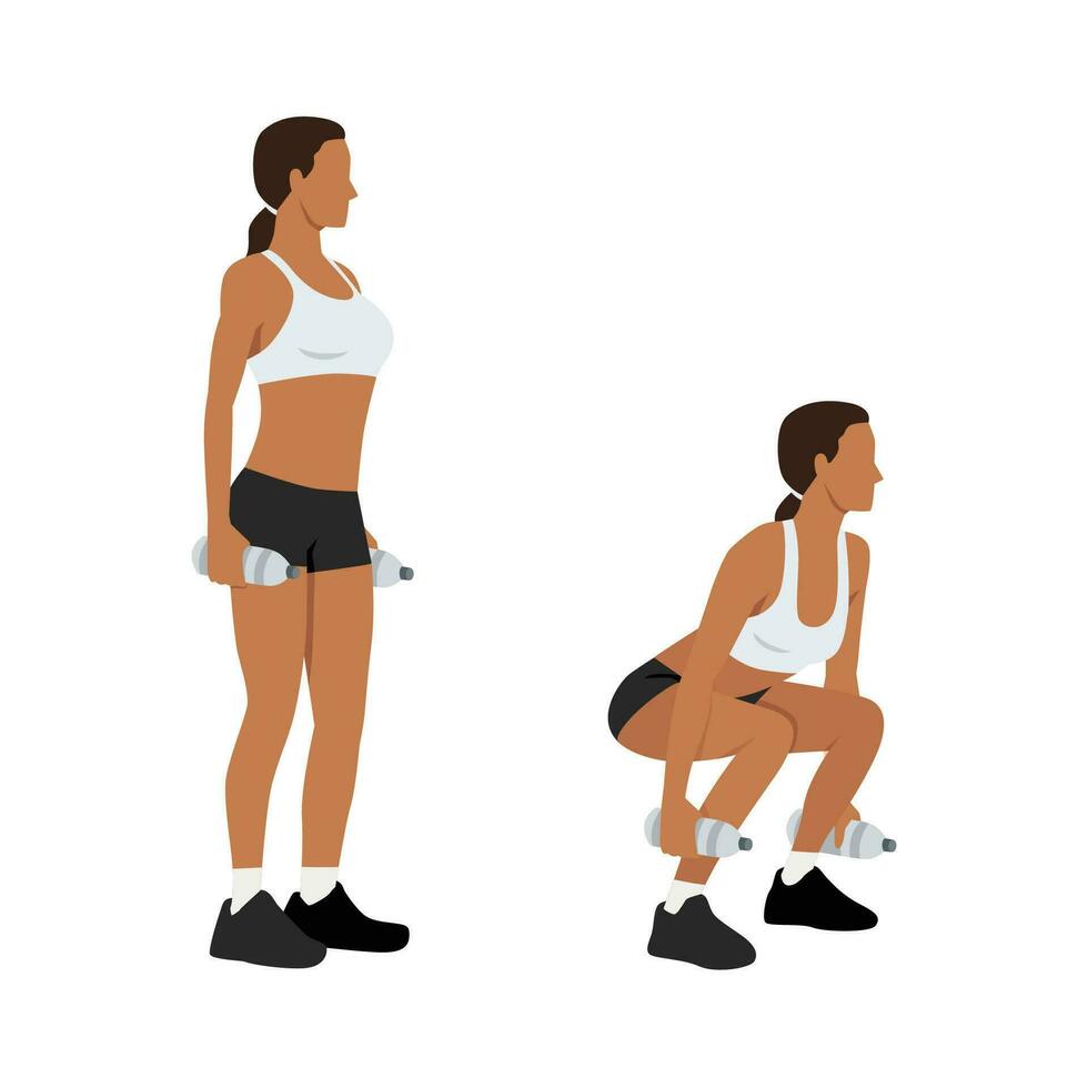 Woman character doing Water bottle squats exercise. vector