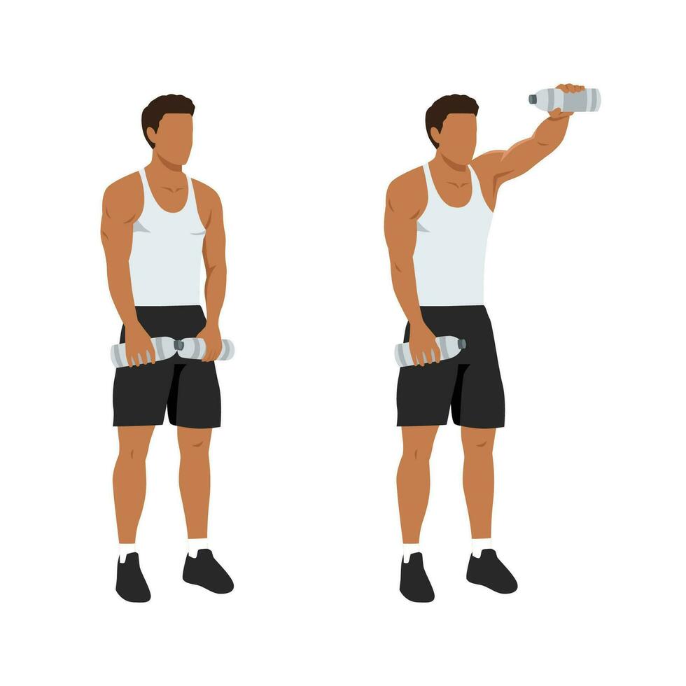 Man doing single or one arm front water bottle raises exercise. vector