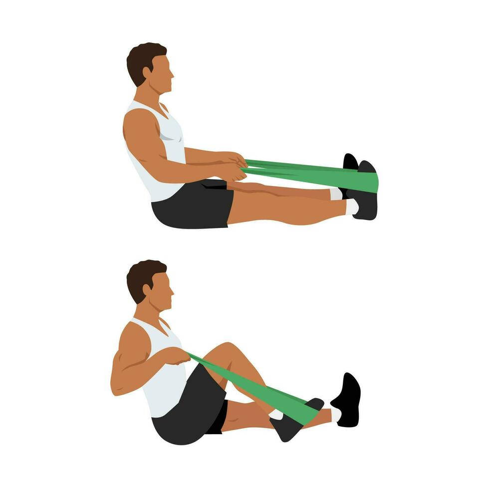 Man doing seated resistance knee flexion exercise. vector