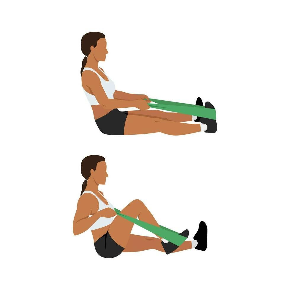 Woman doing seated resistance knee flexion exercise. vector