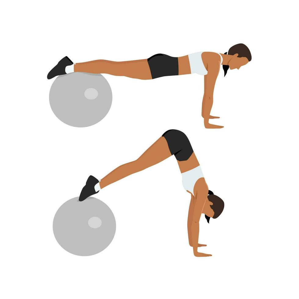 Woman doing swiss ball plank to pike push up, core exercise. vector