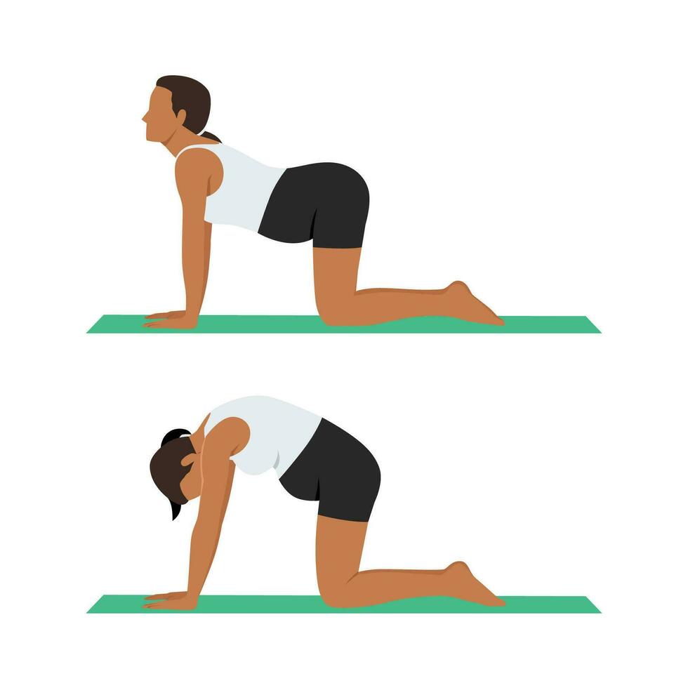 embarazada mujer práctica gato vaca actitud a meditación sonrisa con grande barriga cómodo y relax,embarazo mujer respiración y calma con yoga. vector