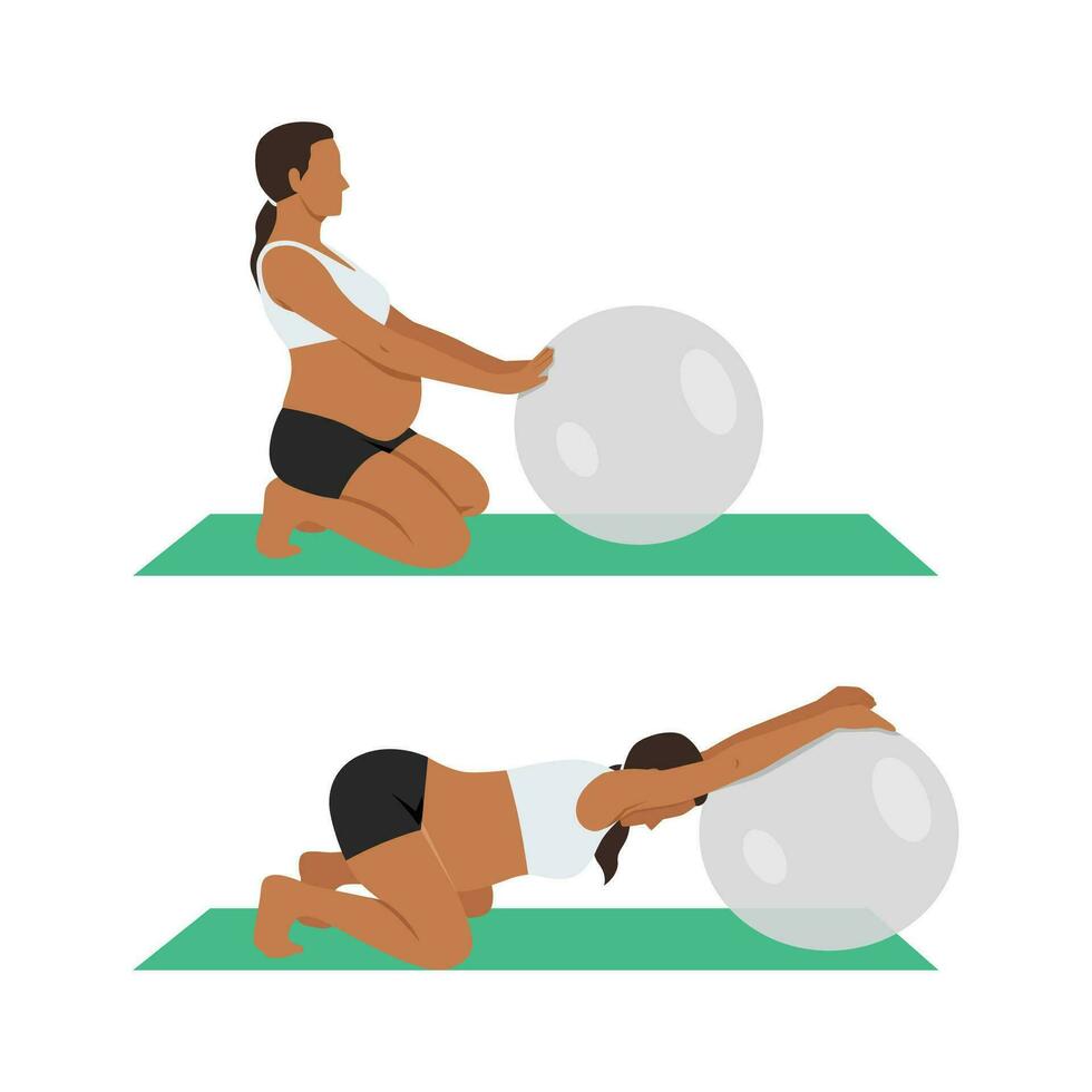 Young pregnant woman in sportswear does sports exercises with transparent fitball training on floor vector